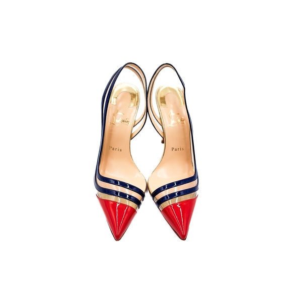 Christian Louboutin Patent Leather PVC Red Navy D'orsay Pumps Heels 37.5 - Picture 3 of 10